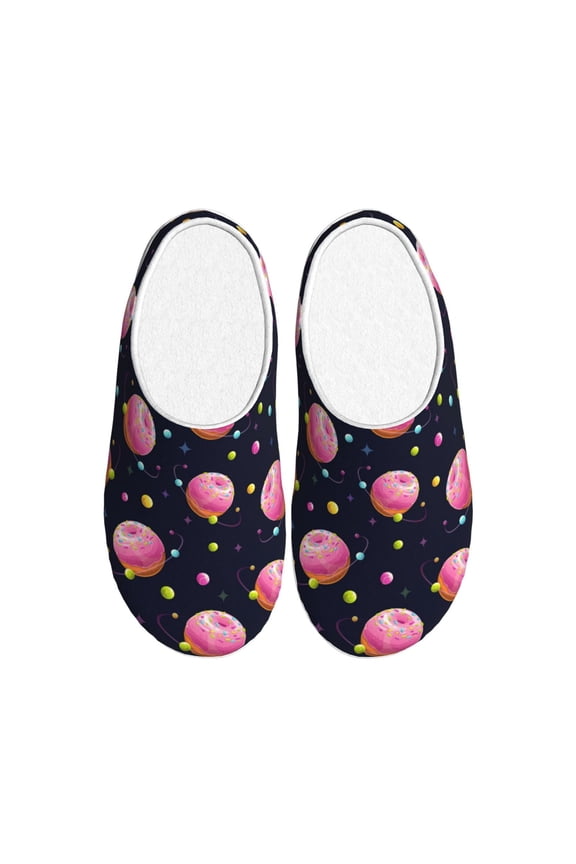 Cartoon Donut Planets for Women's Lamb-hug Comfy Fleece House Slippers Memory Foam, Slip-on House Shoes Indoor Outdoor-46/47