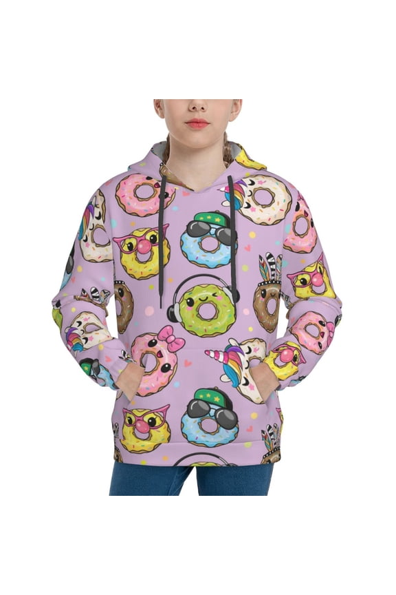Cartoon Donuts Pattern Youth Hoodie - Warm Pullover Sweatshirt with Kangaroo Pocket, Ideal for Boys and Girls-Medium