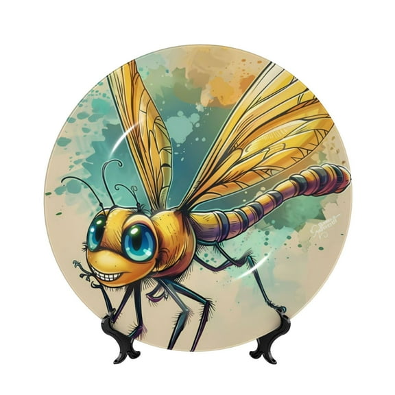 Picia Cartoon Dragonfly Art Pattern Bone China Decorative Plate – Wall Decor with Stand and Adhesive, Elegant Ornament for Living Room, Office, or Entryway-8in