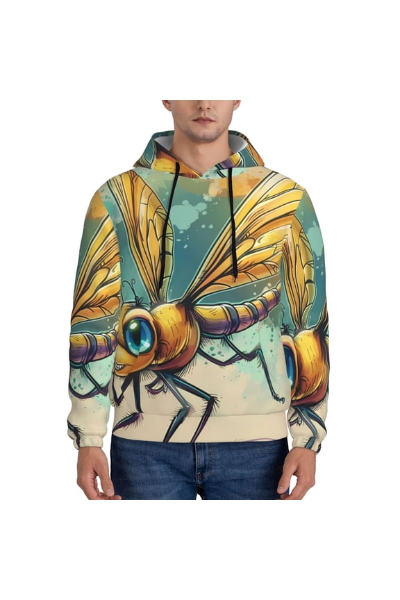 Cartoon Dragonfly Art Pattern Casual Men's Hoodie - Lightweight Hooded Sweatshirt with Kangaroo Pocket, Comfortable Pullover for Everyday, Travel-Large
