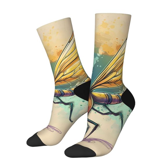 Picia Cartoon Dragonfly Art Print Athletic Socks for Men & Women – Cushioned Moisture-Wicking Crew Socks for Sports, Running, and Training, Soft & Breathable Size 5-11
