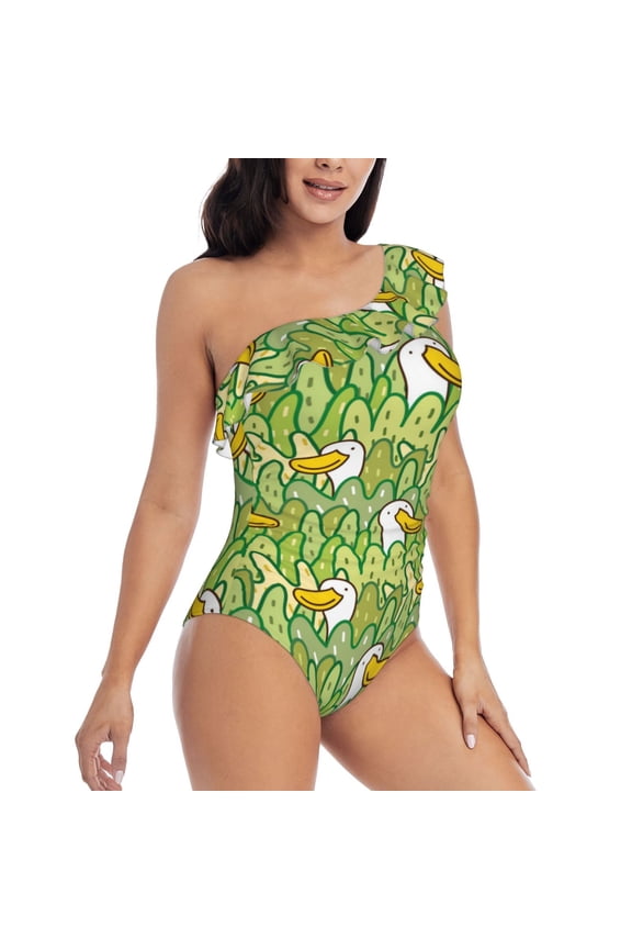 Cartoon Duck Pattern Women's One Piece Swimsuits,One Shoulder Swimwear Asymmetric ,Ruffle Monokinis Bathing Suits,High Waisted Flattering Bathing Suits-Medium