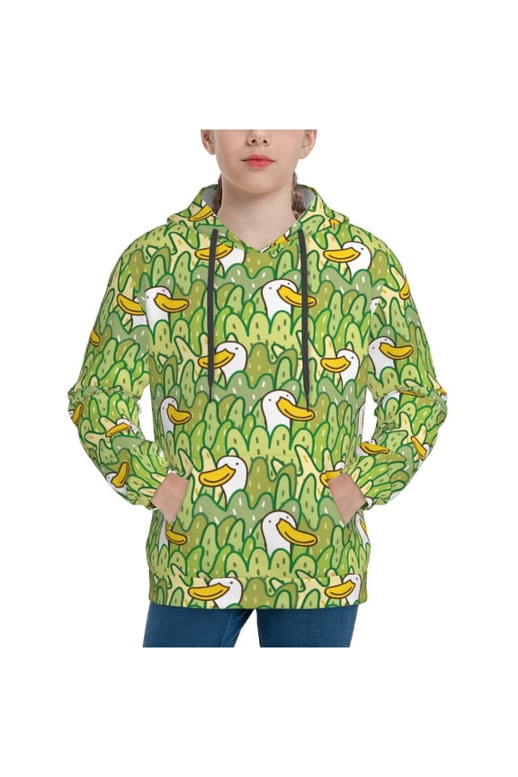 Cartoon Duck Pattern Youth Hoodie - Warm Pullover Sweatshirt with Kangaroo Pocket, Ideal for Boys and Girls-Large