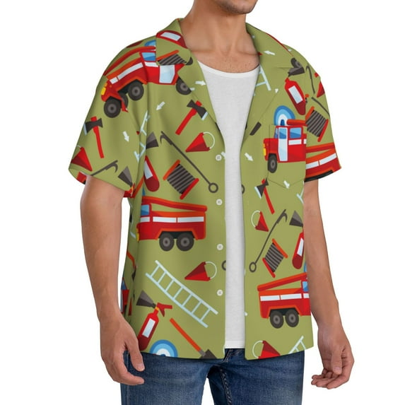 Picia Cartoon Fire Truck Men's Linen Shirts Short Sleeve Cuban Beach Shirts Casual Shirts Button Down Shirt for Men Beach Summer Wedding Shirt-Large