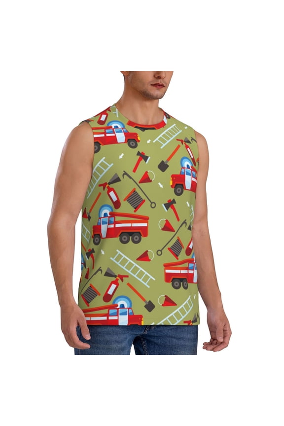 Cartoon Fire Truck mens Cotton Tank Undershirts , Moisture-wicking Ribbed Tanks, Lightweight Cotton Tank Undershirts-X-Large