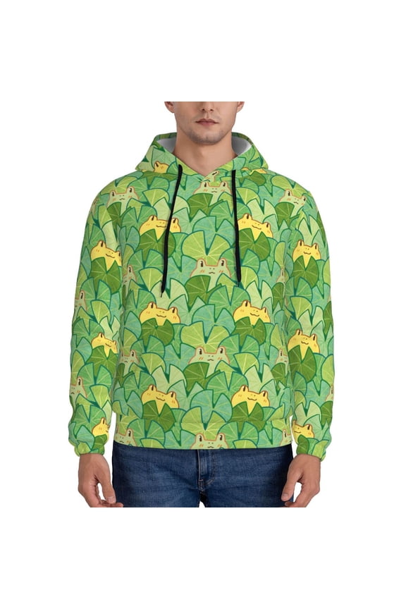 Cartoon Frog And Lotus Leaf Pattern Casual Men's Hoodie - Lightweight Hooded Sweatshirt with Kangaroo Pocket, Comfortable Pullover for Everyday, Travel-X-Large