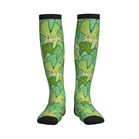 Picia Cartoon Frog And Lotus Leaf Printed Sports Compression Socks - 15-20mmHg Graduated Compression, High-Performance Soft and Breathable Socks for Men and Women