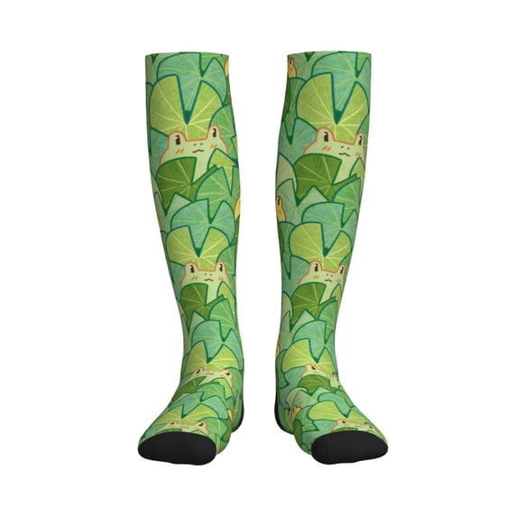 Picia Cartoon Frog And Lotus Leaf Printed Sports Compression Socks - 15-20mmHg Graduated Compression, High-Performance Soft and Breathable Socks for Men and Women