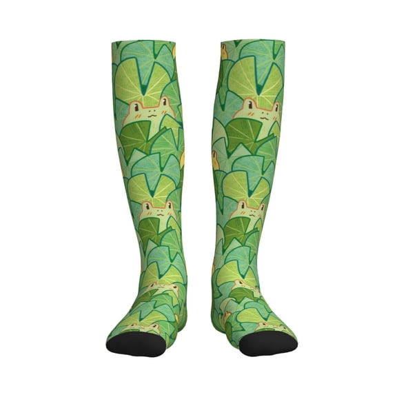 Picia Cartoon Frog And Lotus Leaf Printed Sports Compression Socks - 15-20mmHg Graduated Compression, High-Performance Soft and Breathable Socks for Men and Women