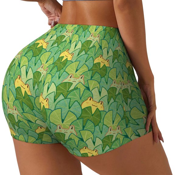 Picia Cartoon Frog And Lotus Leaf Printed Workout Shorts for Women Seamless Scrunch Butt Lifting High Waisted Yoga Gym Booty Running Moisture-wicking Short Pants-Medium