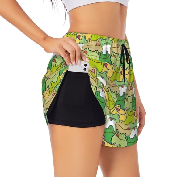 Picia Cartoon Frog Pattern Women's 2 in 1 Athletic Running Shorts High Waisted Workout Casual Gym Sweat Shorts with Comfy Liner Zipper Pockets-Large