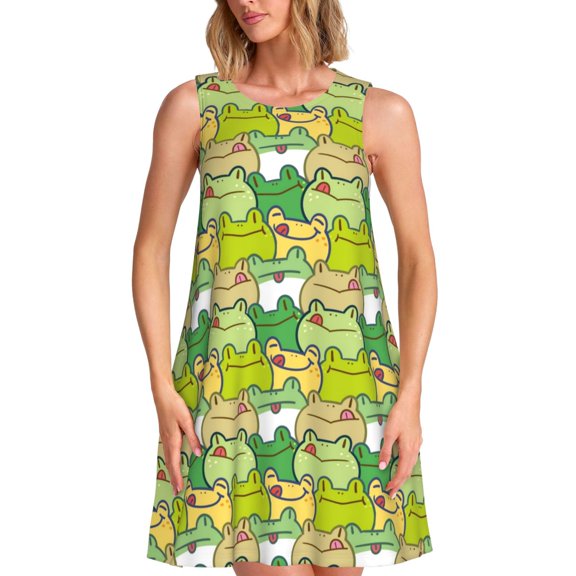 Picia Cartoon Frog Print Women’s Sleeveless Midi Swing Dress – A-Line Pleated Tank Sundress, Comfortable and Flowy T-Shirt Dress