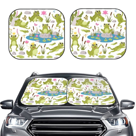 Picia Cartoon Frogs 2 Piece Car Windshield Sun Shade Foldable | Foldable Sun Shield for Front Window Blocks UV Rays and Keeps Your Vehicle Cool-Large