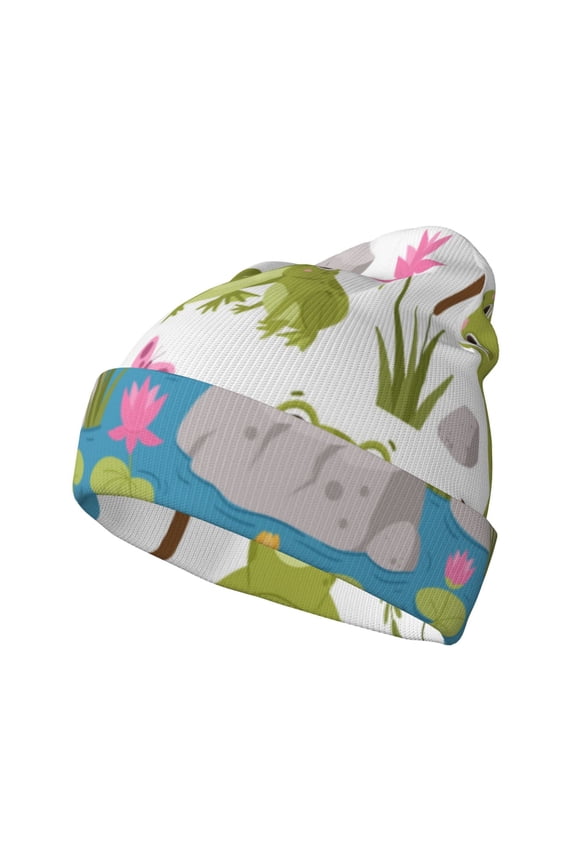 Cartoon Frogs Pattern Knitted Beanie Hat for Men and Women , Unisex Winter Warm Stretchy Knit Cap Thick Fisherman Beanies Cuffed Plain Skull Caps