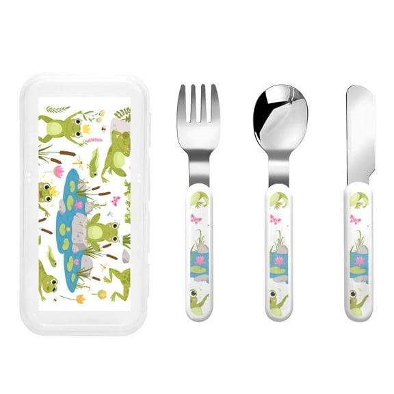 Picia Cartoon Frogs Print Children's Knife, Fork And Spoon Set - Kids Knife Fork Spoon - Stainless Steel Kids Silverware Set - Metal Kids Cutlery Set