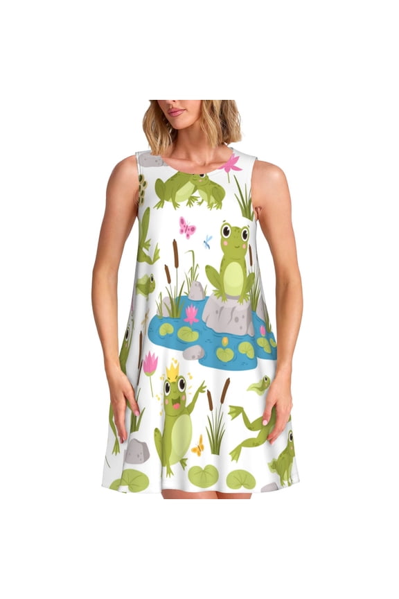 Cartoon Frogs Print Women’s Sleeveless Midi Swing Dress – A-Line Pleated Tank Sundress, Comfortable and Flowy T-Shirt Dress