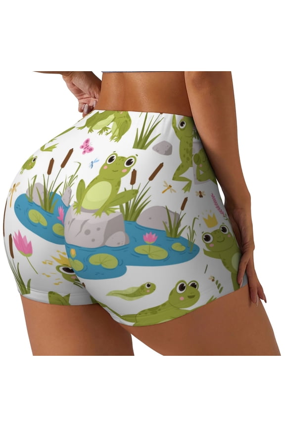 Cartoon Frogs Printed Workout Shorts for Women Seamless Scrunch Butt Lifting High Waisted Yoga Gym Booty Running Moisture-wicking Short Pants-Large
