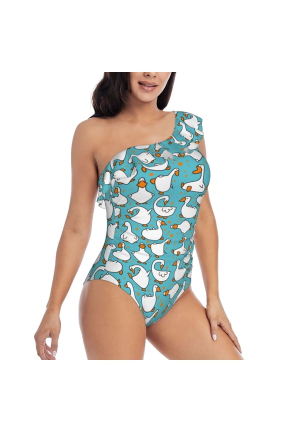 Cartoon Funny Goose Pattern Women's One Piece Swimsuits,One Shoulder Swimwear Asymmetric ,Ruffle Monokinis Bathing Suits,High Waisted Flattering Bathing Suits-