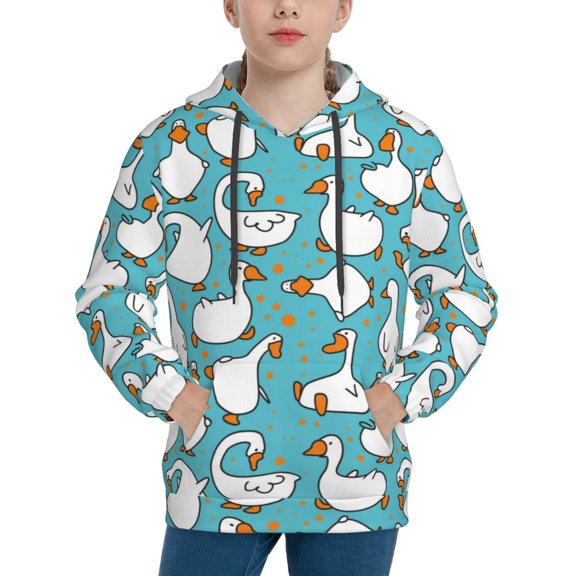 Picia Cartoon Funny Goose Pattern Youth Hoodie - Warm Pullover Sweatshirt with Kangaroo Pocket, Ideal for Boys and Girls-X-Large