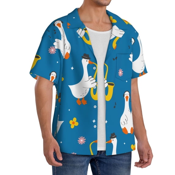 Picia Cartoon Goose Men's Linen Shirts Short Sleeve Cuban Beach Shirts Casual Shirts Button Down Shirt for Men Beach Summer Wedding Shirt-XX-Large