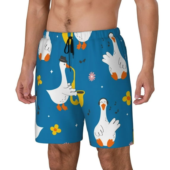 Picia Cartoon Goose pattern Mens Swim Trunks with Compression Liner Stretch Beach Shorts Quick Dry with Zipper Pockets No-Chafing Board Shorts-XX-Large