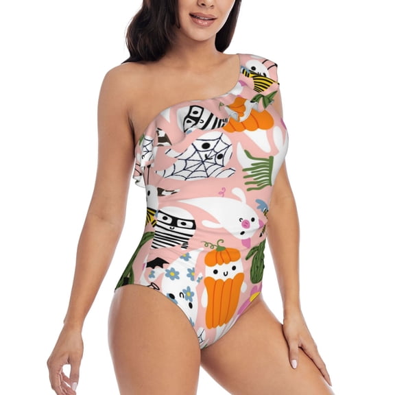 Picia Cartoon Halloween Pattern Women's One Piece Swimsuits,One Shoulder Swimwear Asymmetric ,Ruffle Monokinis Bathing Suits,High Waisted Flattering Bathing Suits-X-Large