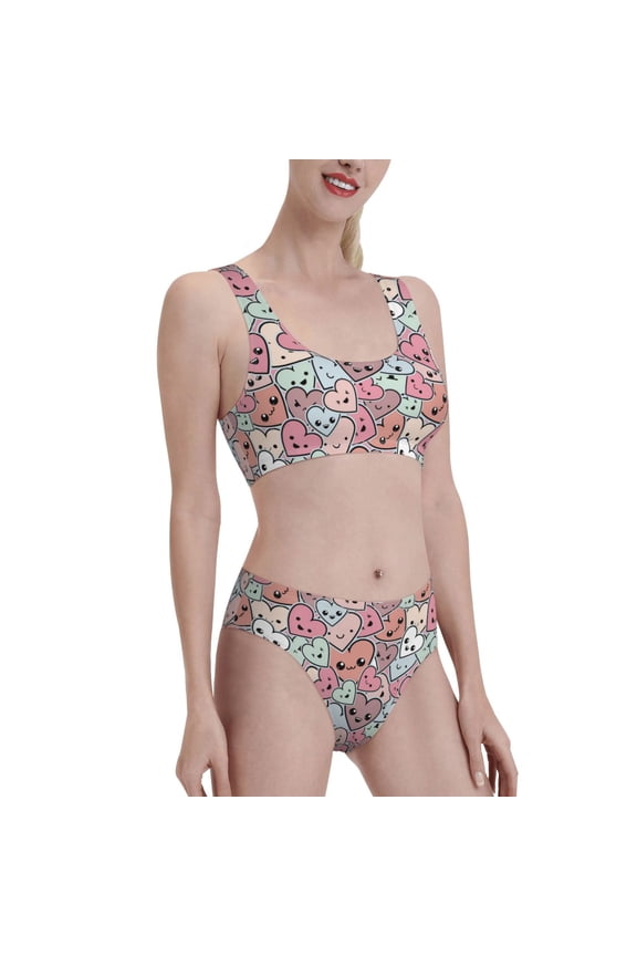 Cartoon Hearts Women's High Waisted Bikini Scoop Neck Swimsuit Two Pieces Bathing Suit-Small