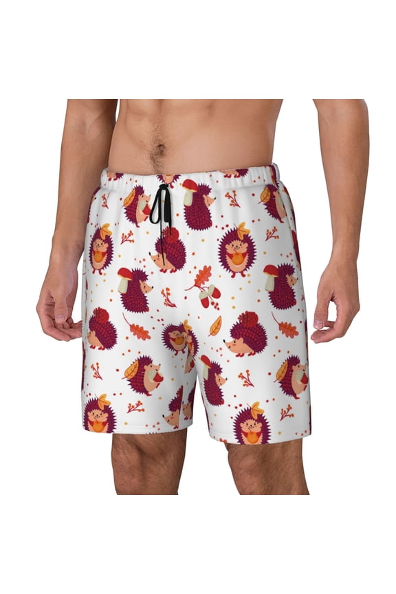 Cartoon Hedgehogs pattern Mens Swim Trunks with Compression Liner Stretch Beach Shorts Quick Dry with Zipper Pockets No-Chafing Board Shorts-Large