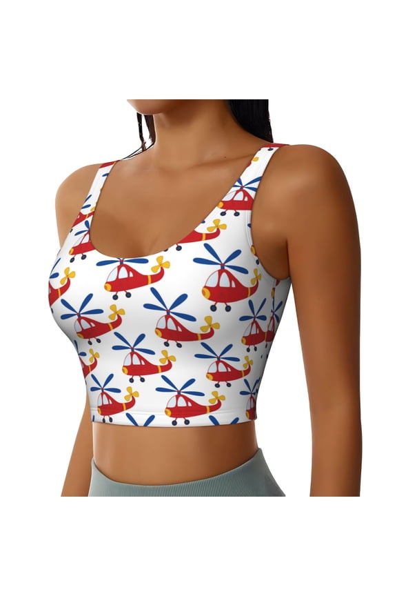Cartoon Helicopter Sports Bra for Women,Padded Strappy Sports Bras Medium Support Yoga Bra with Removable Cups,Running Yoga Bra-X-Large