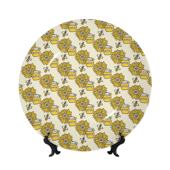 Picia Cartoon Honey Pot Bee Sunflower Pattern Bone China Decorative Plate – Wall Decor with Stand and Adhesive, Elegant Ornament for Living Room, Office, or Entryway-8in
