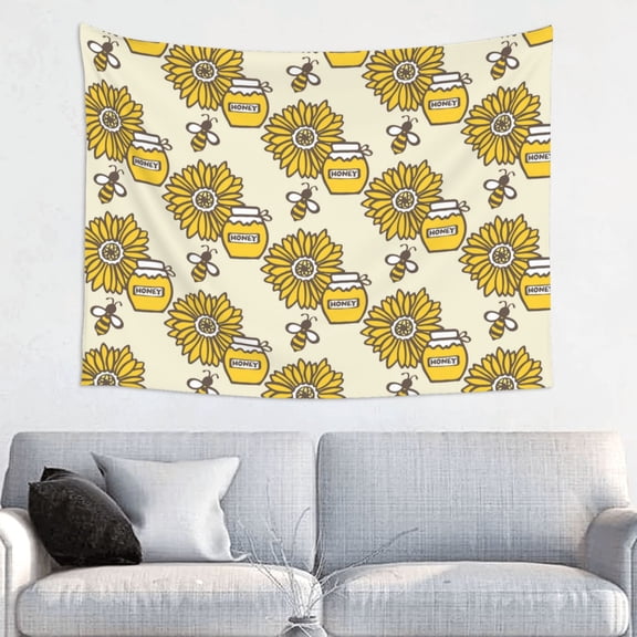 Picia Cartoon Honey Pot Bee Sunflower Pattern Tapestry-Tapestries for Bedroom Living Room Dorm(29x37")
