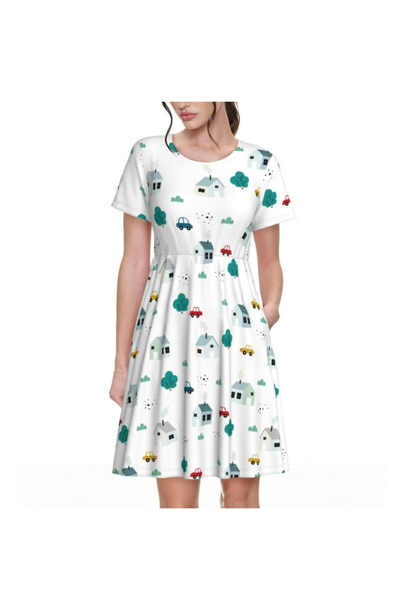 Cartoon House Car Pattern Women's Short Sleeve Summer Dress Pleated Loose Swing Knee Length Short Sleeve Swing Dresses