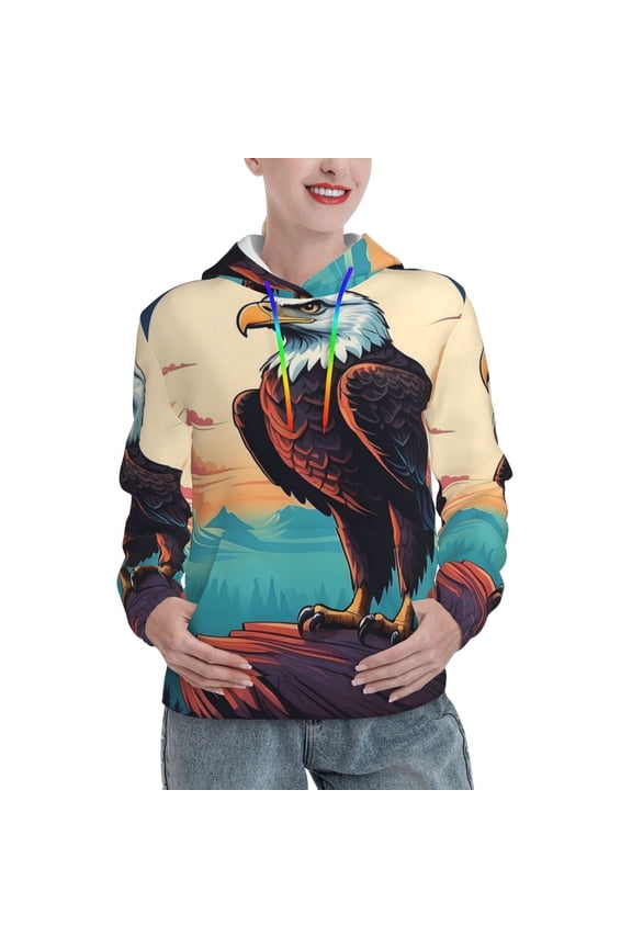 Cartoon Iceberg Bald Eagle Pattern Casual Women's Hoodie, Hooded Sweatshirt with Kangaroo Pocket, Comfortable Pullover with Eye-catching Drawstrings-Medium
