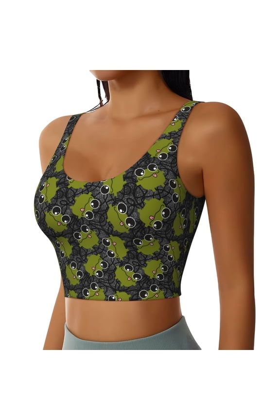 Cartoon Kawaii Frogs1 Sports Bra for Women,Padded Strappy Sports Bras Medium Support Yoga Bra with Removable Cups,Running Yoga Bra-Large