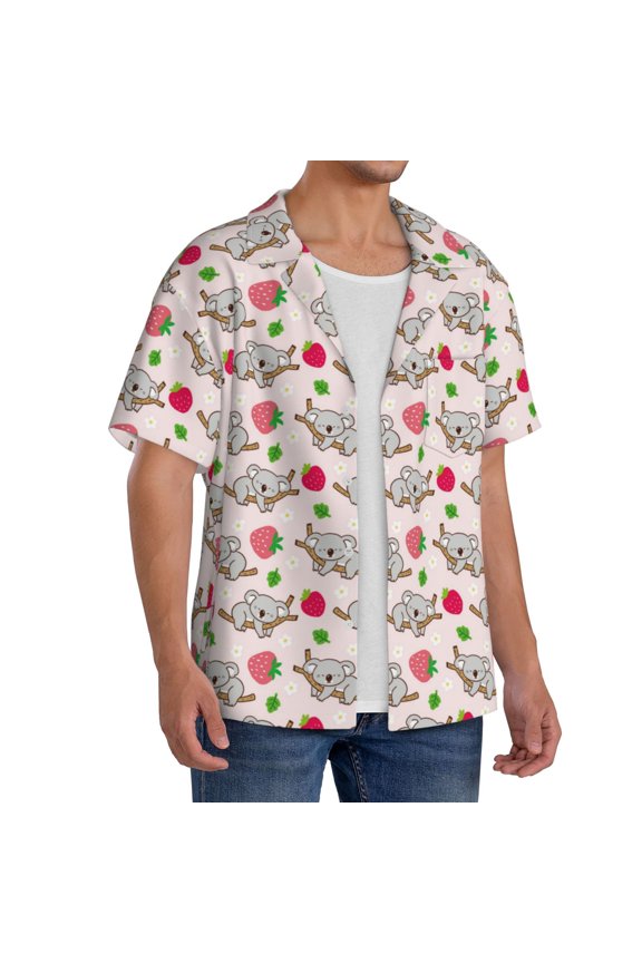 Cartoon Koala Bear Men's Linen Shirts Short Sleeve Cuban Beach Shirts Casual Shirts Button Down Shirt for Men Beach Summer Wedding Shirt-Large