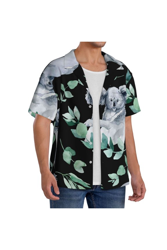 Cartoon Koala Bear Men's Linen Shirts Short Sleeve Cuban Beach Shirts Casual Shirts Button Down Shirt for Men Beach Summer Wedding Shirt-Medium