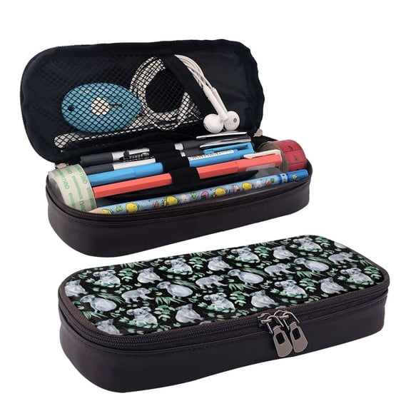 Picia Cartoon Koala Bear Pattern Large Capacity PU Leather Pencil Case Organizer Pen Marker Holder Double Zipper Storage Bag Big Pencil Pouch for College Office
