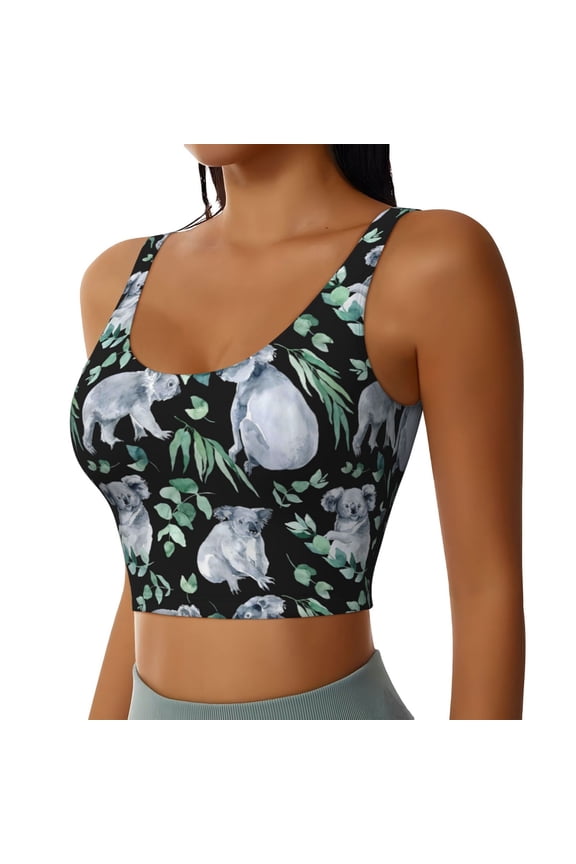 Cartoon Koala Bear Sports Bra for Women,Padded Strappy Sports Bras Medium Support Yoga Bra with Removable Cups,Running Yoga Bra-
