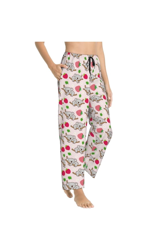 Cartoon Koala Bear Womens Soft Woven Cotton Elastic Waistband Sleep Pajama Pant Lounge Sleep Pant With Pockets And Drawstring-Small