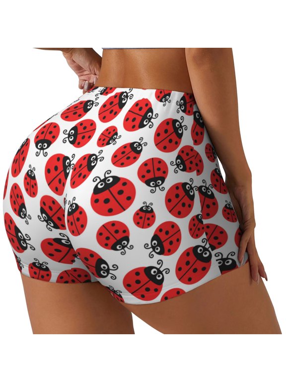 Cartoon Ladybug Printed Workout Shorts for Women Seamless Scrunch Butt Lifting High Waisted Yoga Gym Booty Running Moisture-wicking Short Pants-Medium