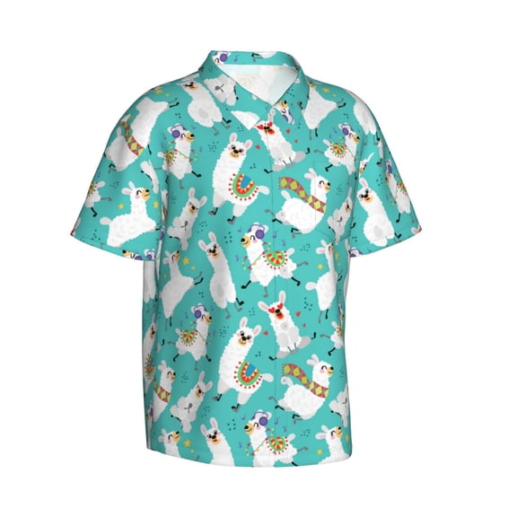 Picia Cartoon Llamas Gentle Cotton Regular Fit Short Sleeve Casual Hawaiian Shirt for Men-Large
