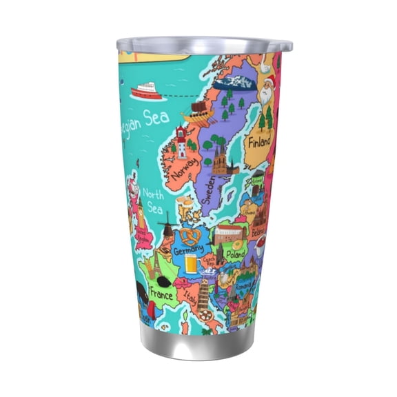Picia Cartoon Map Of Europe Pattern 20 oz Tumbler Stainless Steel Vacuum Insulated Coffee Ice Cup Double Wall Travel Flask Dual Lid Water Bottle, Eco-friendly Car Cup-Without Straw