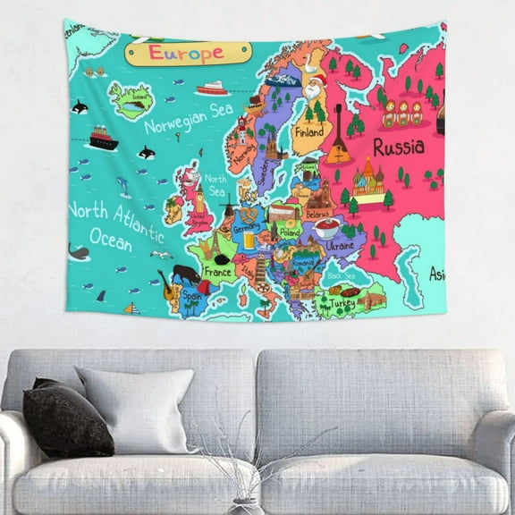 Picia Cartoon Map Of Europe Pattern Tapestry-Tapestries for Bedroom Living Room Dorm(29x37")
