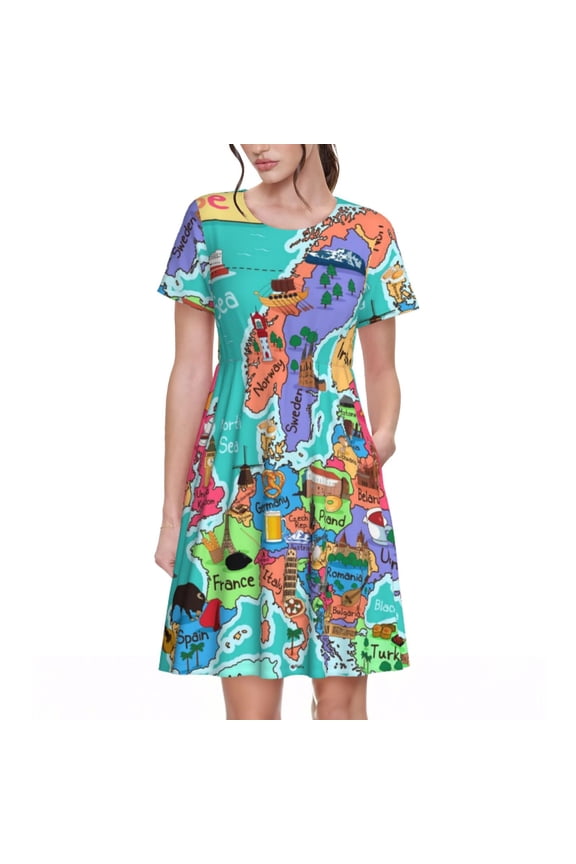 Cartoon Map Of Europe Pattern Women's Short Sleeve Summer Dress Pleated Loose Swing Knee Length Short Sleeve Swing Dresses