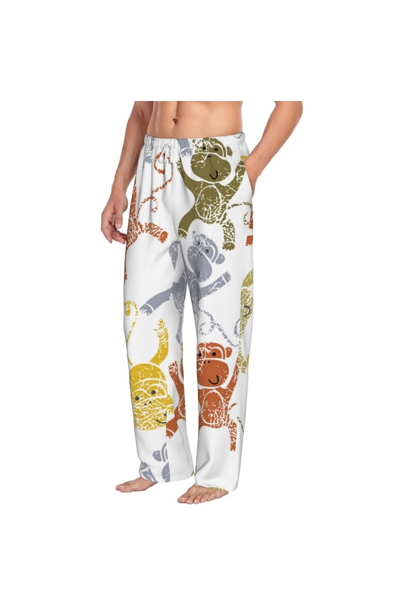 Cartoon Monkey Mens Soft Woven Cotton Elastic Waistband Sleep Pajama Pant Lounge Sleep Pant With Pockets And Drawstring-Large