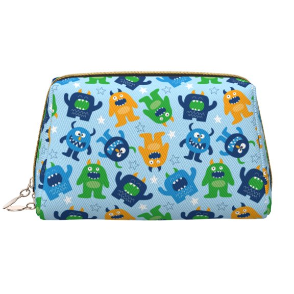 Picia Cartoon Monster Print Leather Makeup Bag Make Up Bag Travel Toiletry Bag for Her Girlfriend Teacher Teen Girl Gifts
