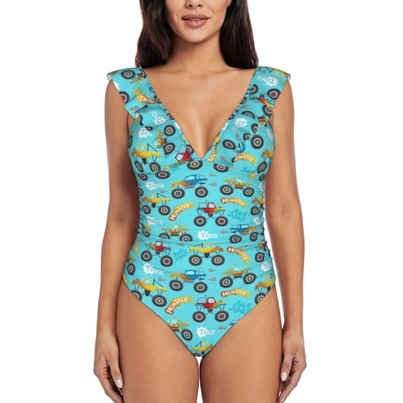 Picia Cartoon Monster Truck Blooming Jelly Womens Tummy Control Bathing Suits Slimming Ruffle Swimsuit One Piece Lace Swimwear-