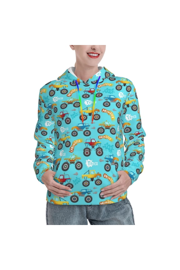Cartoon Monster Truck Pattern Casual Women's Hoodie, Hooded Sweatshirt with Kangaroo Pocket, Comfortable Pullover with Eye-catching Drawstrings-Small