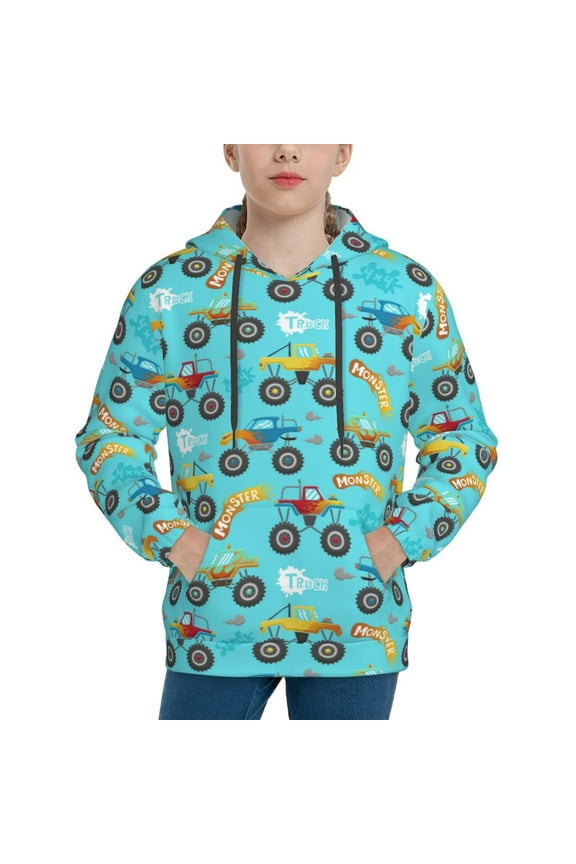 Cartoon Monster Truck Pattern Youth Hoodie - Warm Pullover Sweatshirt with Kangaroo Pocket, Ideal for Boys and Girls-Medium