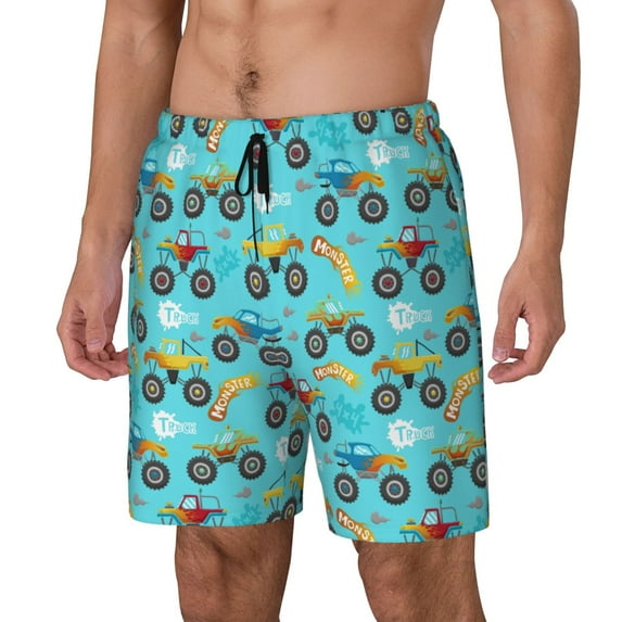 Picia Cartoon Monster Truck pattern Mens Swim Trunks with Compression Liner Stretch Beach Shorts Quick Dry with Zipper Pockets No-Chafing Board Shorts-XX-Large